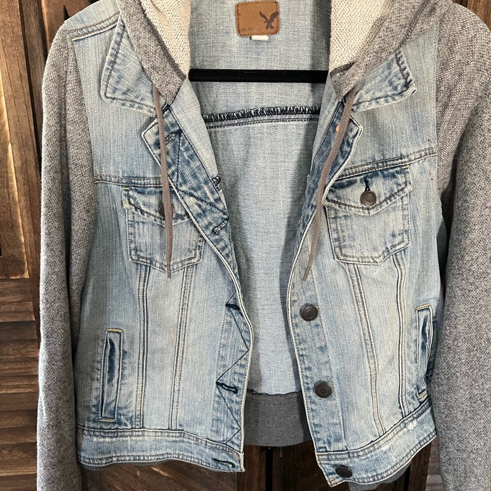 American Eagle Outfitters Blue and Gray Jean Jacket with Classic Trucker Style